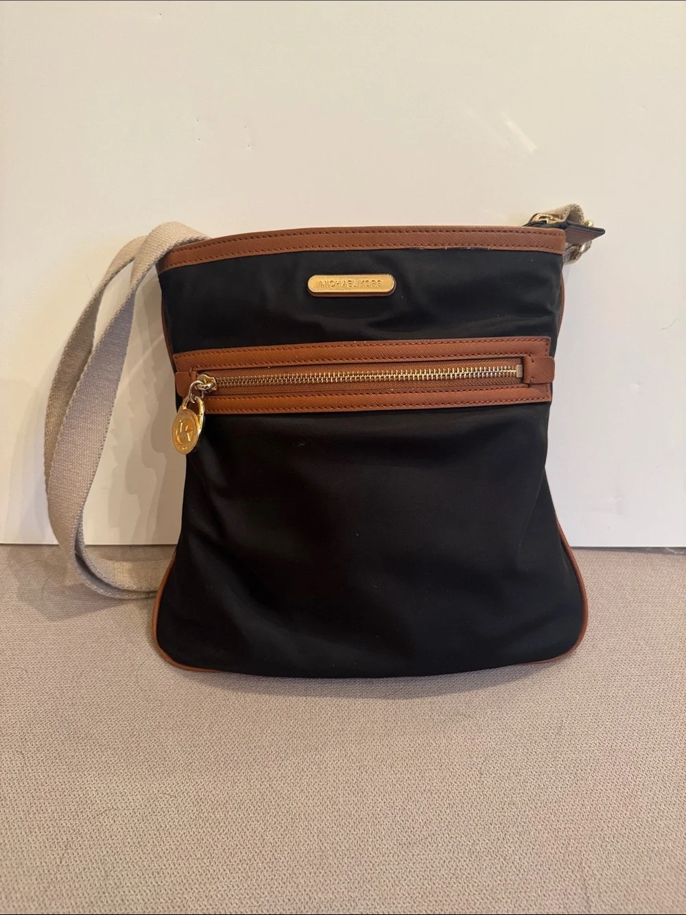 Michael Kors Black Crossbody with Brown Leather Trim and Gold Hardware - Picture 1 of 8